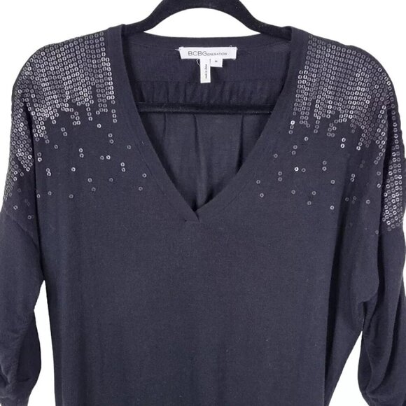 BCBGeneration Dress Size M Sequins Roll Tab Dolman Ruched Sleeve Wide Ribbed Hem - Picture 3 of 14